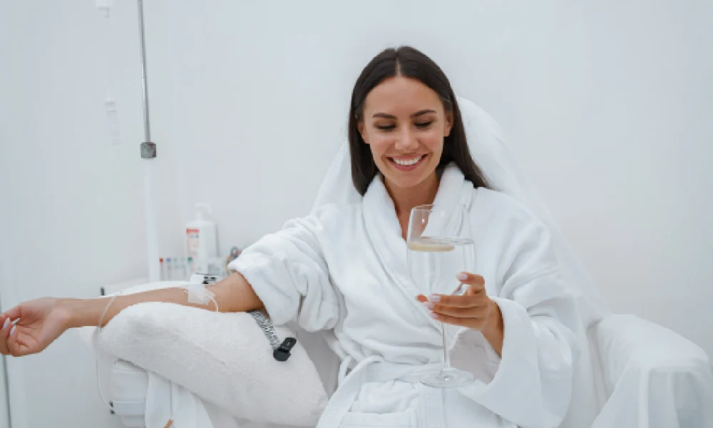 Woman relaxing with IV Hydration Therapy in Plainview, NY, sitting in a chair and holding a glass of water during treatment.